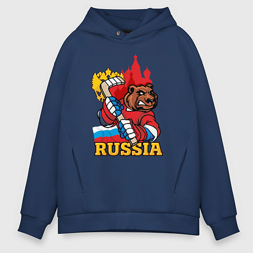 Мужское худи оверсайз Хоккей Россия / Тёмно-синий – фото 1