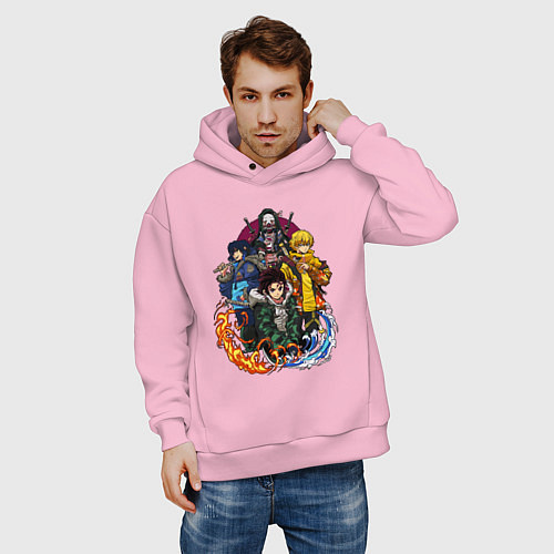 Мужское худи оверсайз КЛИНОК, РАССЕКАЮЩИЙ ДЕМОНОВ / Светло-розовый – фото 3