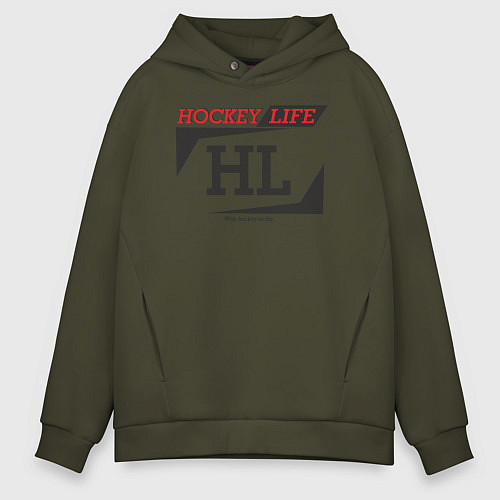 Мужское худи оверсайз Hockey live big logo / Хаки – фото 1