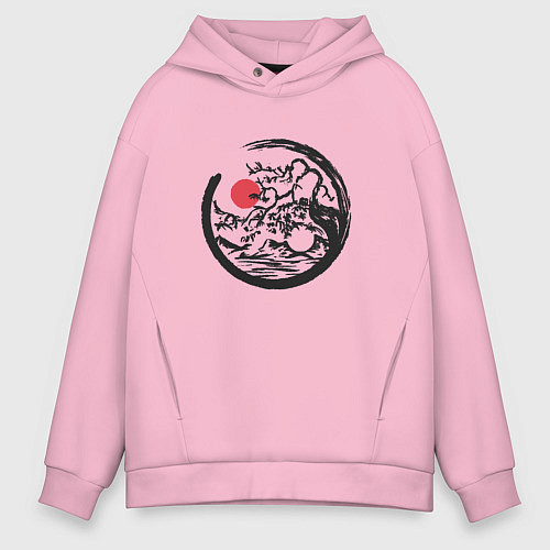 Мужское худи оверсайз Инь Янь пейзаж в круге Энсо / Светло-розовый – фото 1