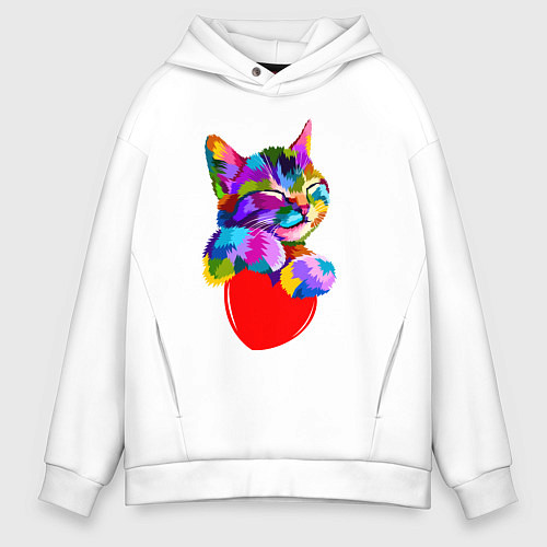 Мужское худи оверсайз РАДУЖНЫЙ КОТИК RAINBOW KITTY / Белый – фото 1