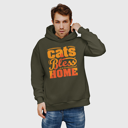 Мужское худи оверсайз Cats bless home / Хаки – фото 3