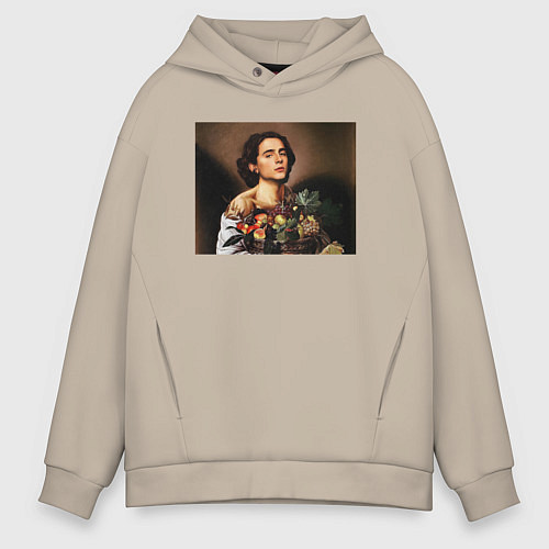 Мужское худи оверсайз Тимоти Шаламе картина корзина с фруктами Timothee / Миндальный – фото 1