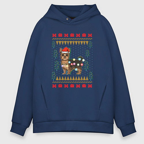Мужское худи оверсайз Рождественский свитер Йоркшик / Тёмно-синий – фото 1