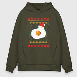 Толстовка оверсайз мужская Рождественский свитер Кот-яичница, цвет: хаки