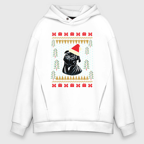 Мужское худи оверсайз Рождественский свитер Черный мопс / Белый – фото 1