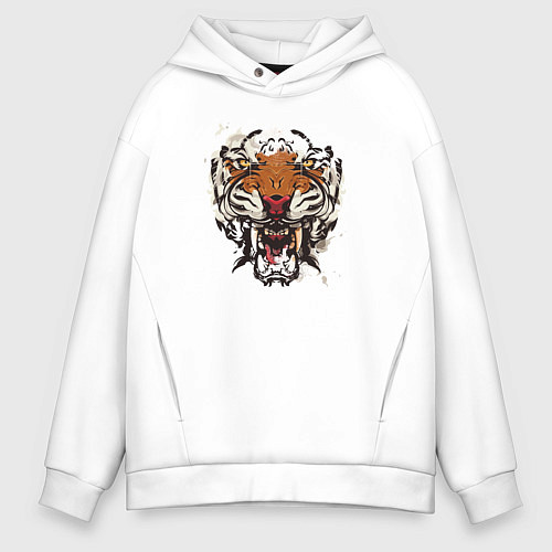 Мужское худи оверсайз Angry Tiger watercolor / Белый – фото 1