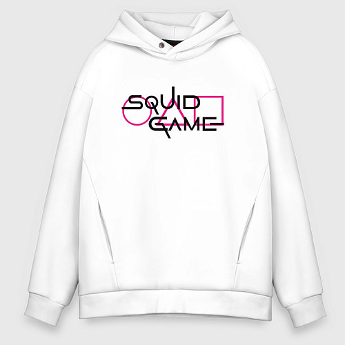 Мужское худи оверсайз ИГРА В КАЛЬМАРА ФИГУРЫ ИГРЫ, ЛОГО / Белый – фото 1