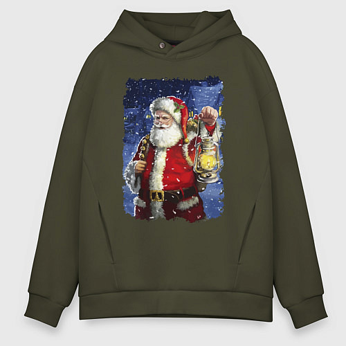 Мужское худи оверсайз Santa Claus shines a lantern / Хаки – фото 1