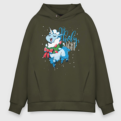 Мужское худи оверсайз Llama Oh holy night / Хаки – фото 1