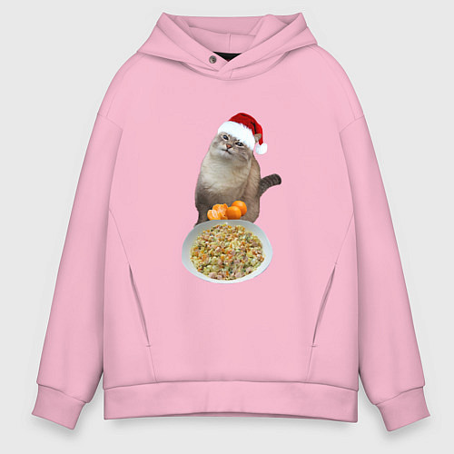Мужское худи оверсайз Новогодний кот и оливье / Светло-розовый – фото 1