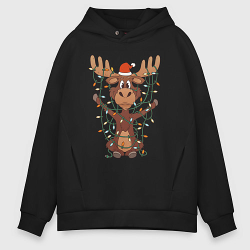 Мужское худи оверсайз НОВОГОДНИЙ ОЛЕНЬ CHRISTMAS DEER / Черный – фото 1