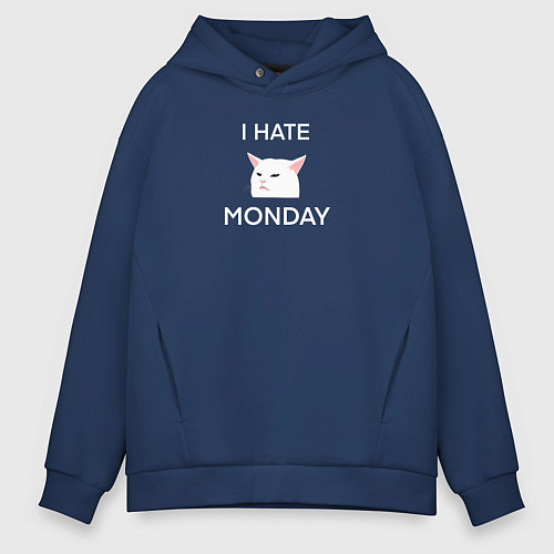 Мужское худи оверсайз I hate monday текст с котом / Тёмно-синий – фото 1