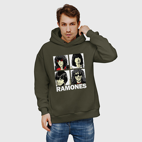 Мужское худи оверсайз Ramones, Рамонес Портреты / Хаки – фото 3