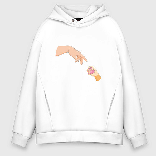 Мужское худи оверсайз Сотворение Адама и рыжая лапка котика / Белый – фото 1