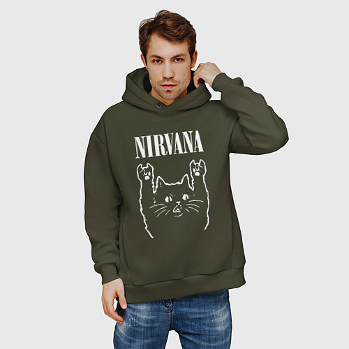 Мужское худи оверсайз Nirvana Rock Cat, НИРВАНА / Хаки – фото 3