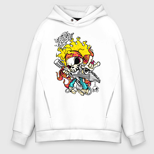 Мужское худи оверсайз Скелетон с гитарой / Белый – фото 1