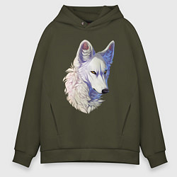 Толстовка оверсайз мужская Крупный белый волк, цвет: хаки
