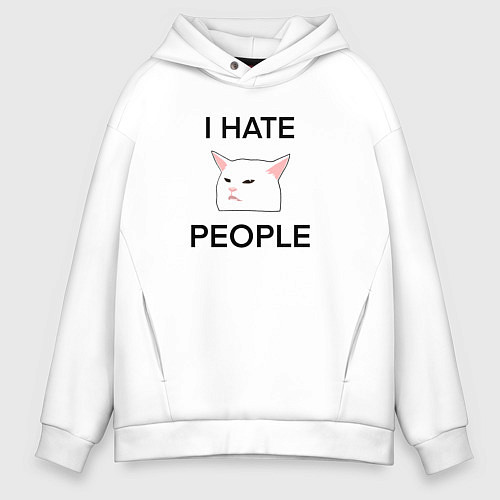 Мужское худи оверсайз I hate people, текст с белым котом / Белый – фото 1