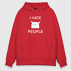 Толстовка оверсайз мужская I hate people, текст с белым мемным котом, цвет: красный