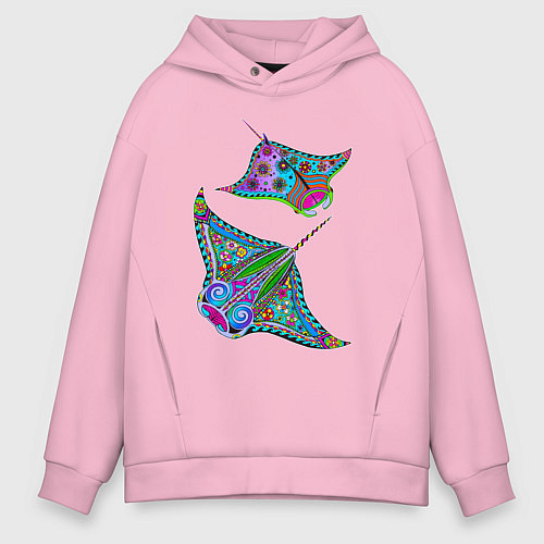 Мужское худи оверсайз Скаты с психоделической раскраской / Светло-розовый – фото 1