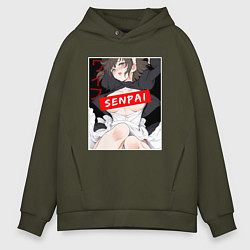 Толстовка оверсайз мужская Девушка и надпись Senpai Ahegao, цвет: хаки