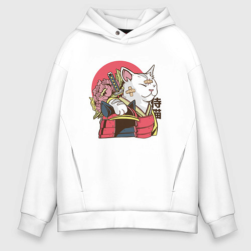Мужское худи оверсайз Котик Самурай Samurai Cat Japanese art / Белый – фото 1