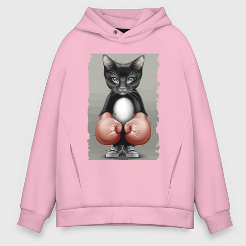 Мужское худи оверсайз Крутой котяра в боксёрских перчатках Cool cat in b / Светло-розовый – фото 1