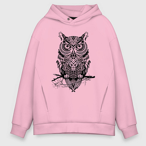Мужское худи оверсайз Черная сова в узорах / Светло-розовый – фото 1