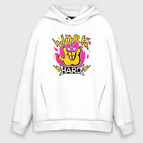 Мужское худи оверсайз Work hard Агрессивная Рэцуко / Белый – фото 1