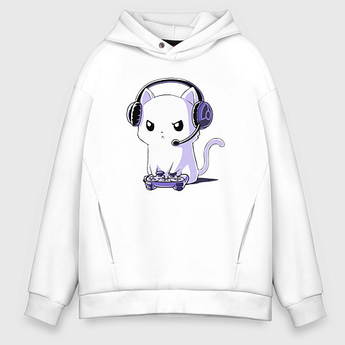 Мужское худи оверсайз Котёнок игроман The kitten is a gambler / Белый – фото 1