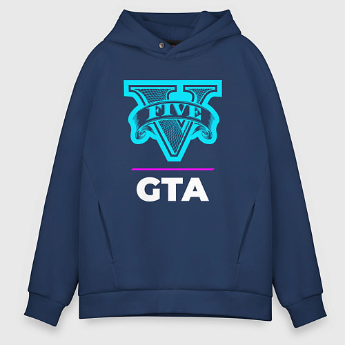 Мужское худи оверсайз Символ GTA в неоновых цветах / Тёмно-синий – фото 1