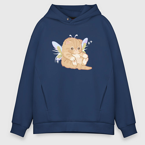 Мужское худи оверсайз Котик с крыльями / Тёмно-синий – фото 1