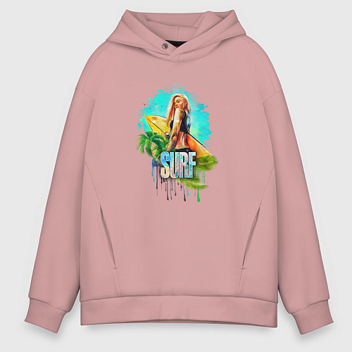 Мужское худи оверсайз Surf - девушка с доской для серфинга / Пыльно-розовый – фото 1