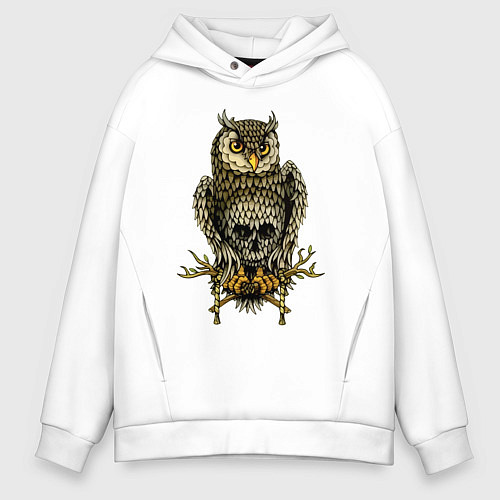 Мужское худи оверсайз Сова с черепом на животе / Белый – фото 1
