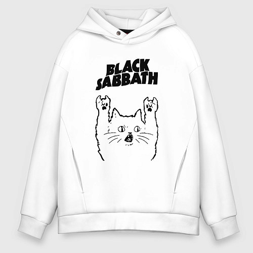 Мужское худи оверсайз Black Sabbath - rock cat / Белый – фото 1