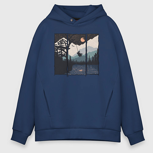 Мужское худи оверсайз Оранжевая луна и тарзанка / Тёмно-синий – фото 1
