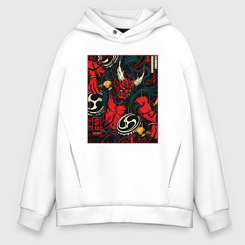 Мужское худи оверсайз Японский Бог Райдзин - Traditional Japanese Art / Белый – фото 1
