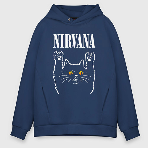 Мужское худи оверсайз Nirvana rock cat / Тёмно-синий – фото 1