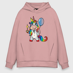 Толстовка оверсайз мужская Праздничный единорог с тортиком, цвет: пыльно-розовый