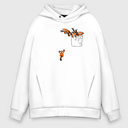 Мужское худи оверсайз Красные панды в кармане / Белый – фото 1
