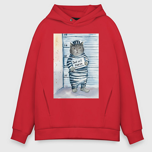 Мужское худи оверсайз Акварельный рисунок плохой кот / Красный – фото 1
