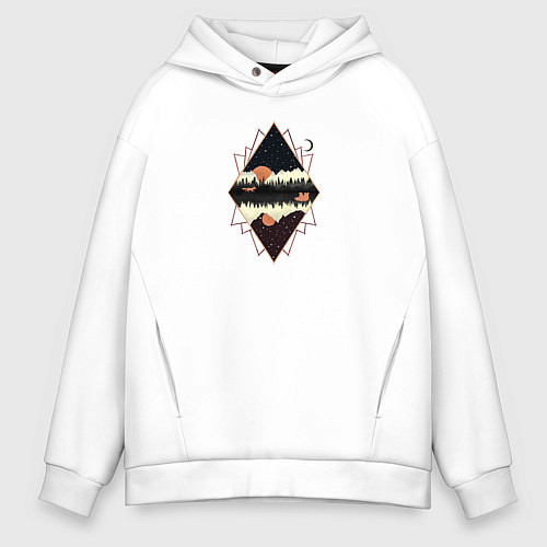 Мужское худи оверсайз Лиса, медведь и луна / Белый – фото 1