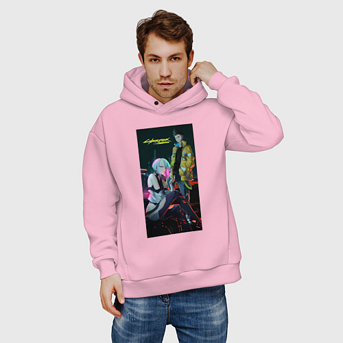 Мужское худи оверсайз Аниме Cyberpunk Edgerunners Дэвид и Люси / Светло-розовый – фото 3