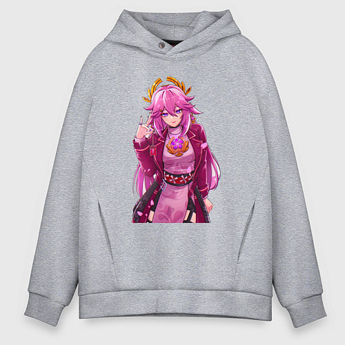 Мужское худи оверсайз Яэ Мико на стиле - Геншин Импакт / Меланж – фото 1