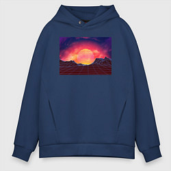Толстовка оверсайз мужская 3D неоновые горы на закате, цвет: тёмно-синий