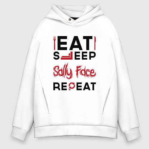 Мужское худи оверсайз Надпись: eat sleep Sally Face repeat / Белый – фото 1