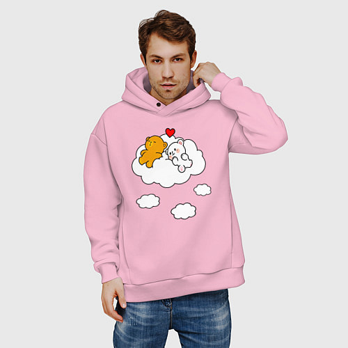 Мужское худи оверсайз Влюбленные медвежата на облаке / Светло-розовый – фото 3