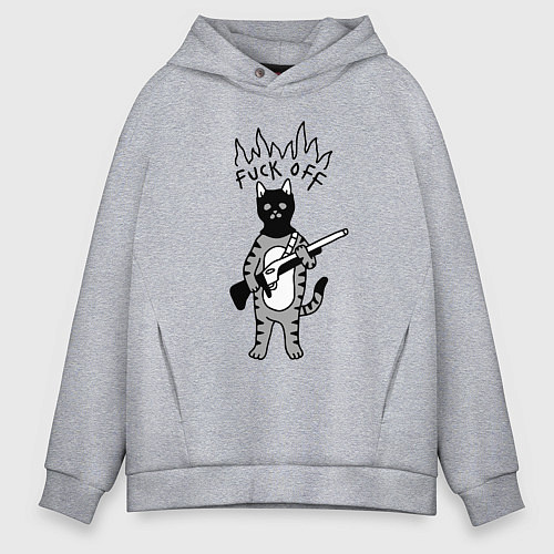 Мужское худи оверсайз Кот бандит с ружьём / Меланж – фото 1