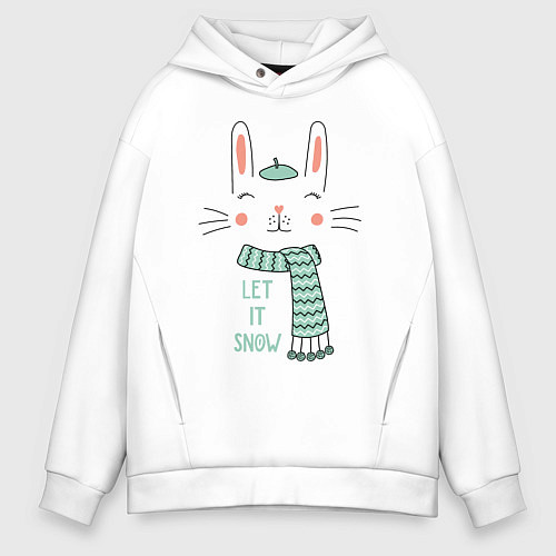 Мужское худи оверсайз Let it snow, rabbit in green beret / Белый – фото 1